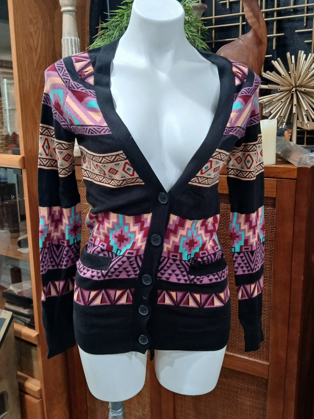 Patterned V-Neck Cardigan Sweater - Black with Pink & Teal